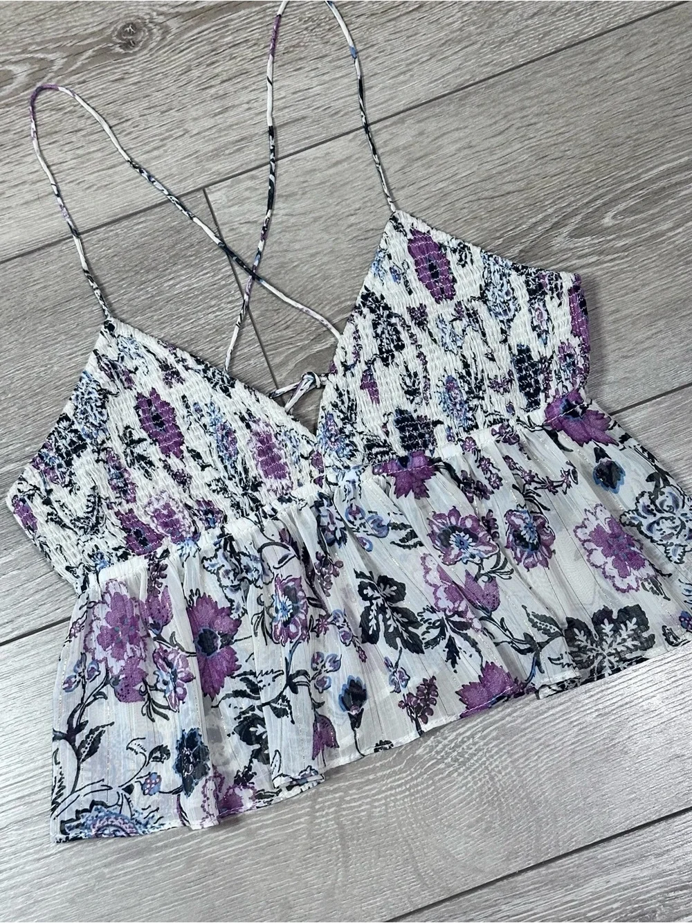 Zara Floral Metallic Smocked Peplum Crop Tank Top